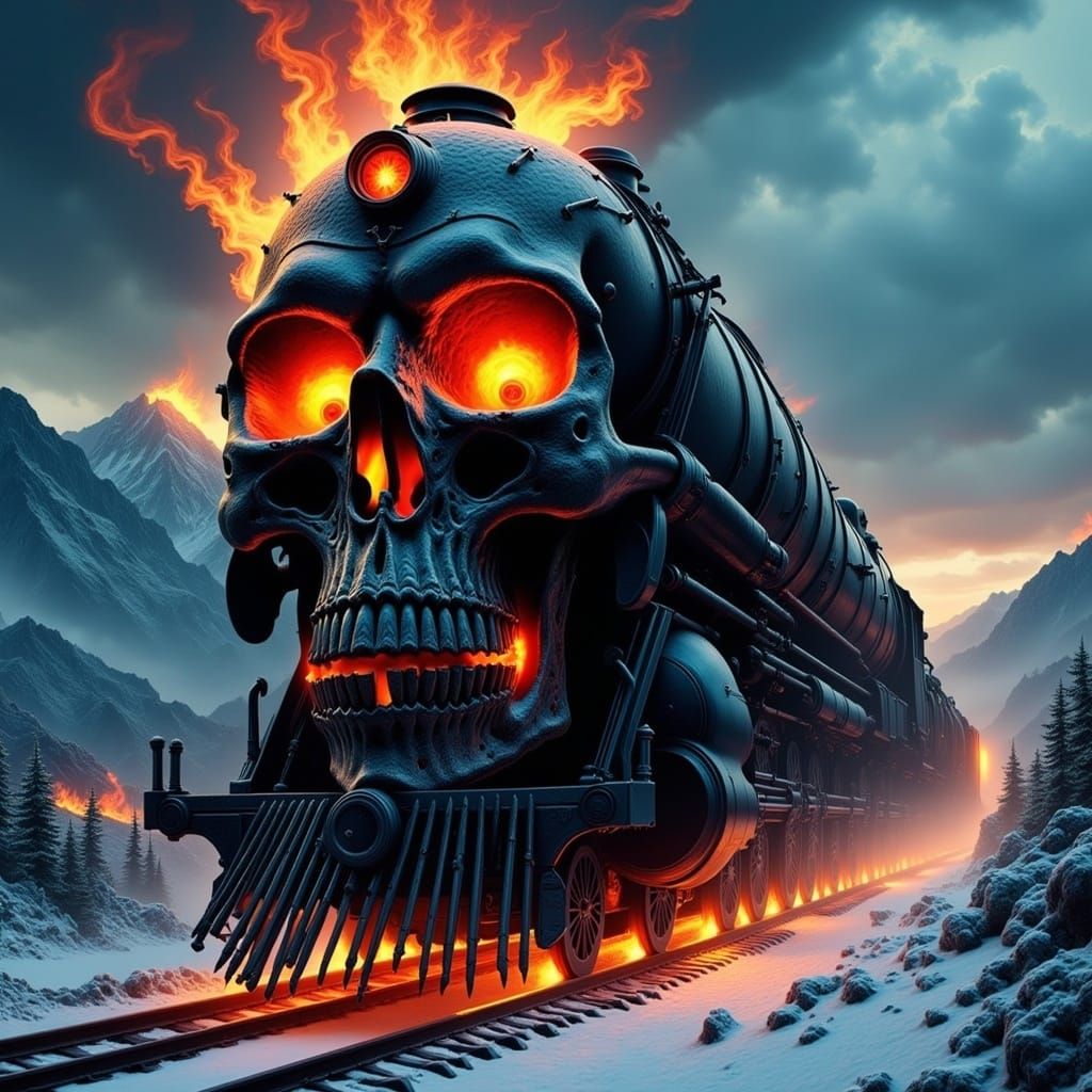 Skull Locomotive on Snowy Tracks in Gothic Style