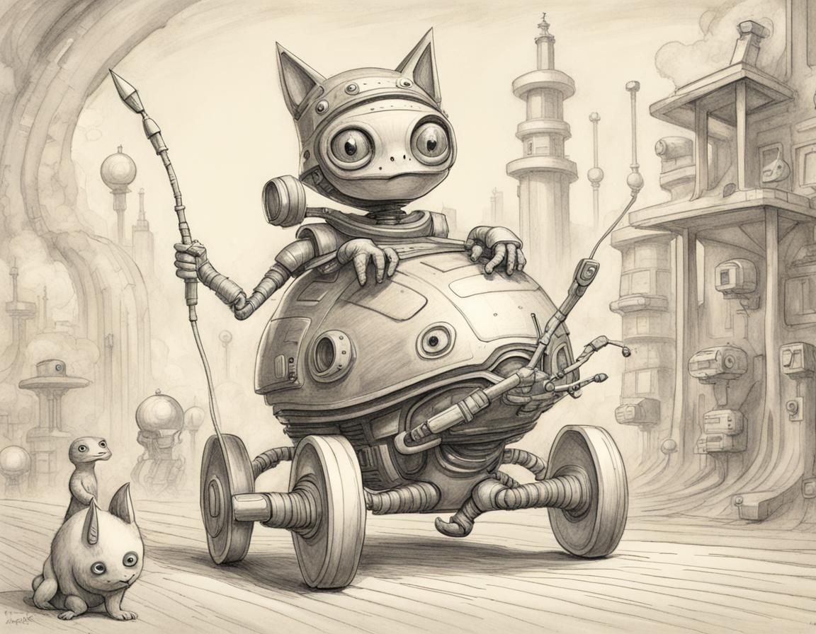 Child Rides Robot Beetle with Cat and Toad