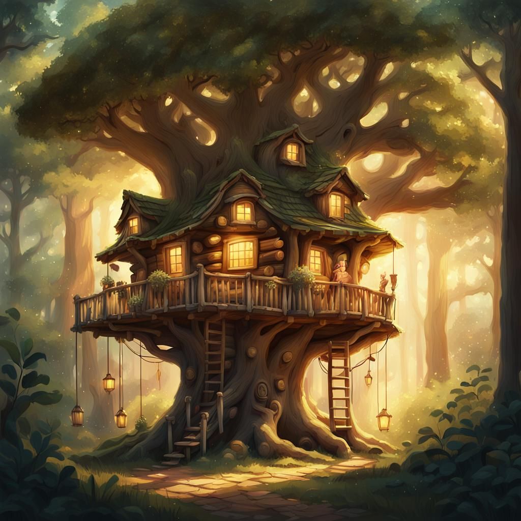 Enchanted Treehouse Concept Art in Golden Hour