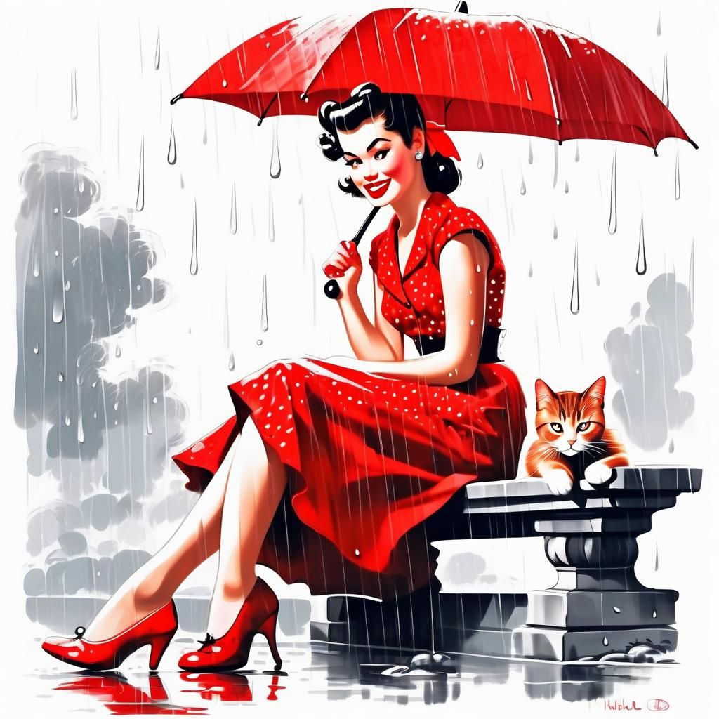 Red umbrella girl with cat