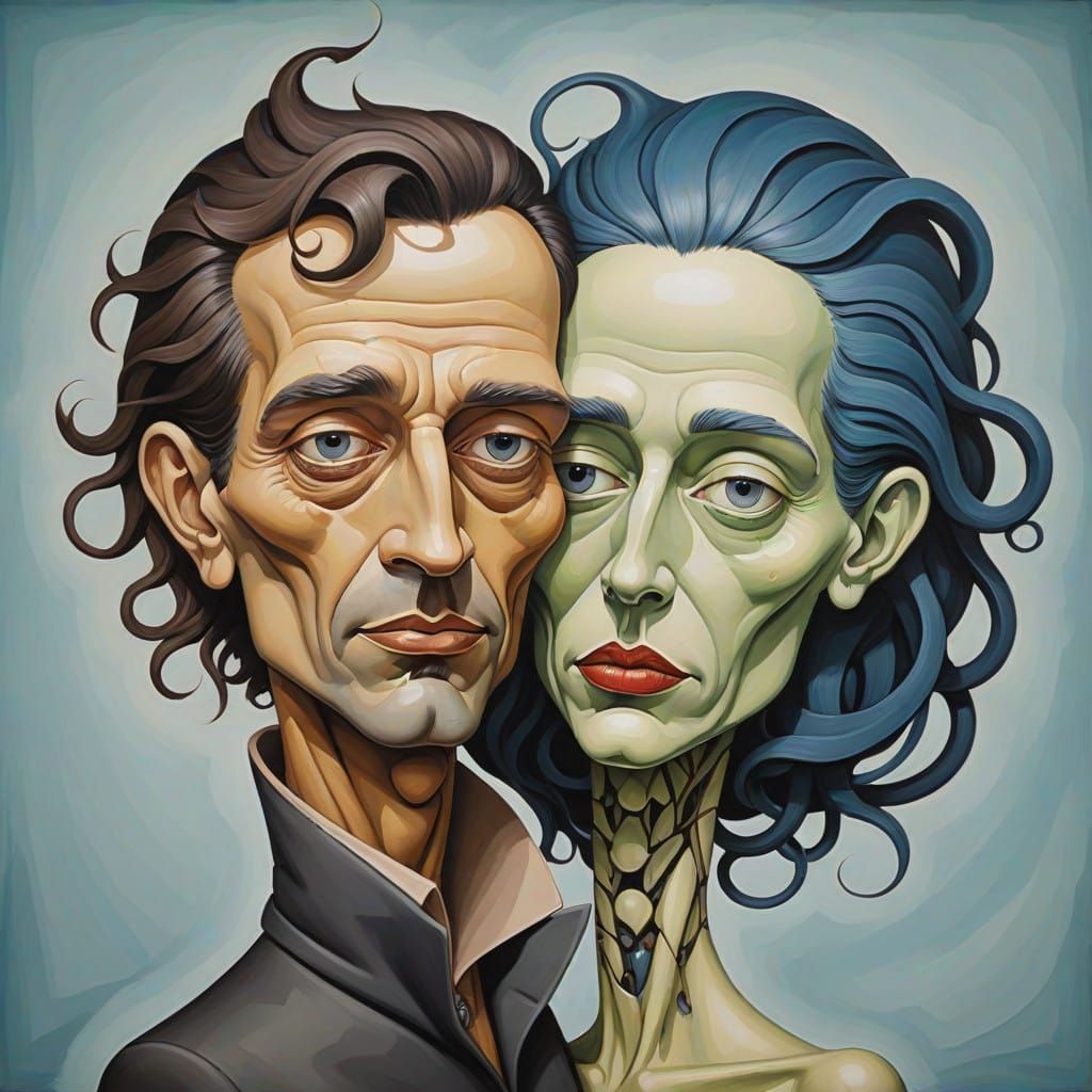 Intertwined Bio-Surreal Caricatures in Block Painting Style