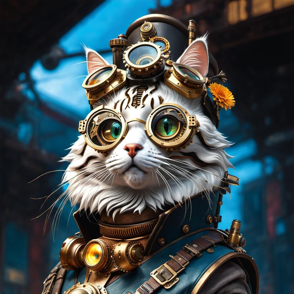 Steampunk Mechanical Cat Portrait in Fantasycore Style