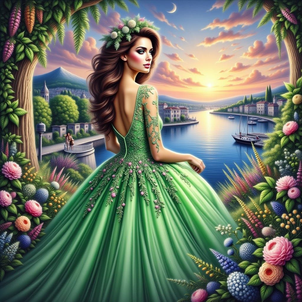 Surreal Woman in Green Dress Amidst Gardens and Marina