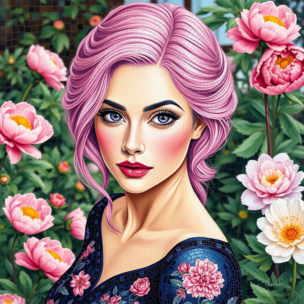 Mosaic Portrait of Pink-Haired Woman in Peony Garden