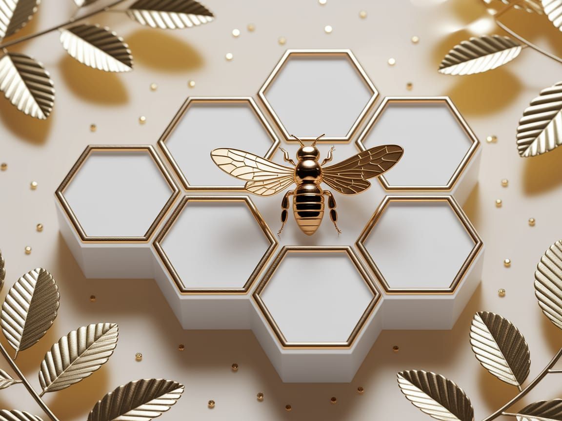 Luxurious Gold Honeycombs and Bee Close-Up
