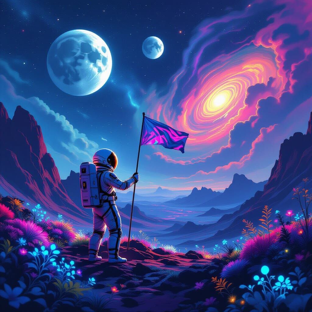 Astronaut Plants Flag on Alien World with Two Moons