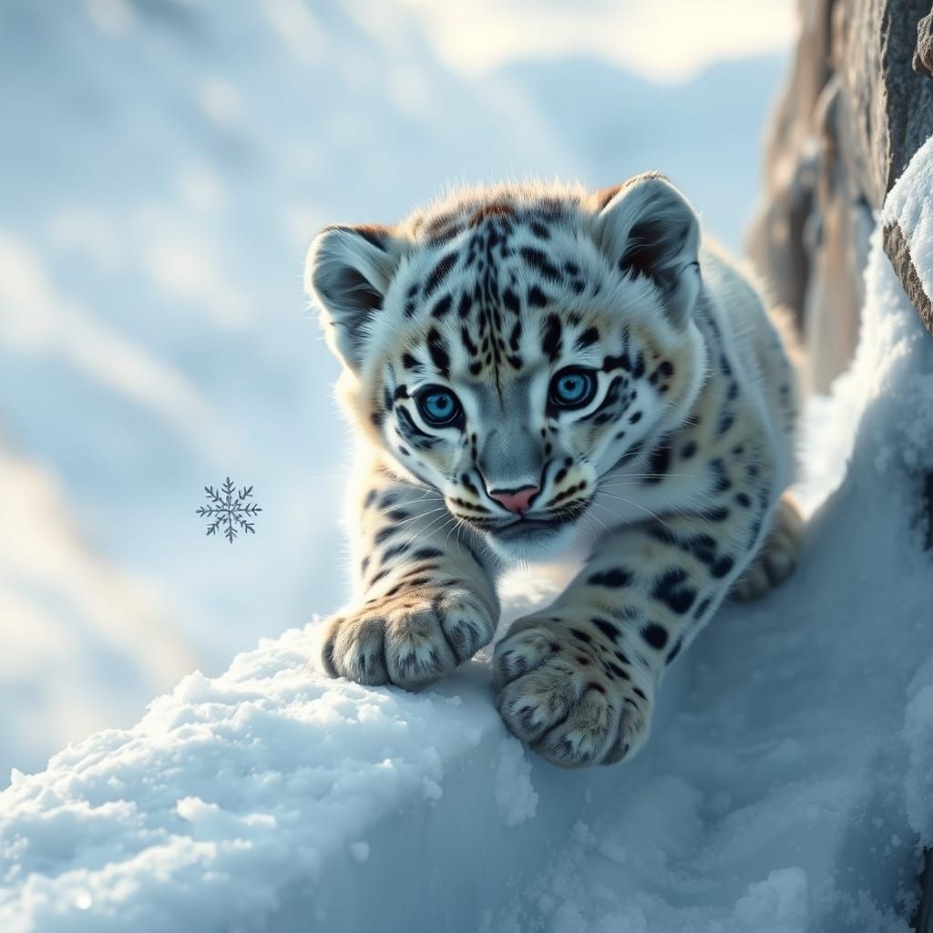 Snow Leopard Cub Tumbles in Fresh Mountain Snow