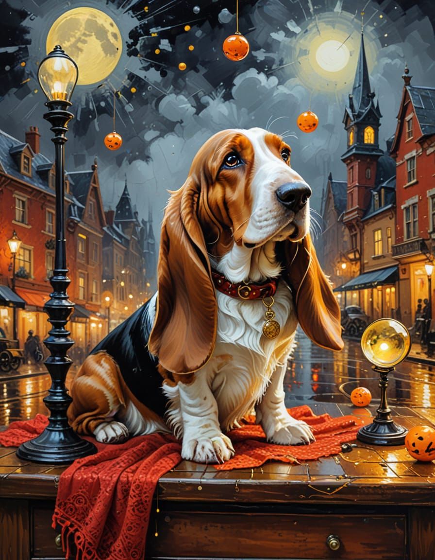 Regal Basset Hound Detective in Klimt-Inspired Steampunk Sty...