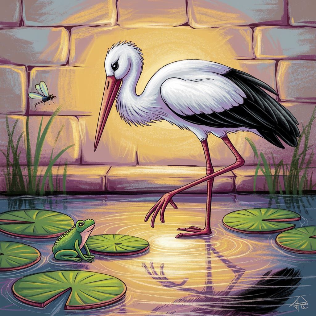 Stork, frog and fly