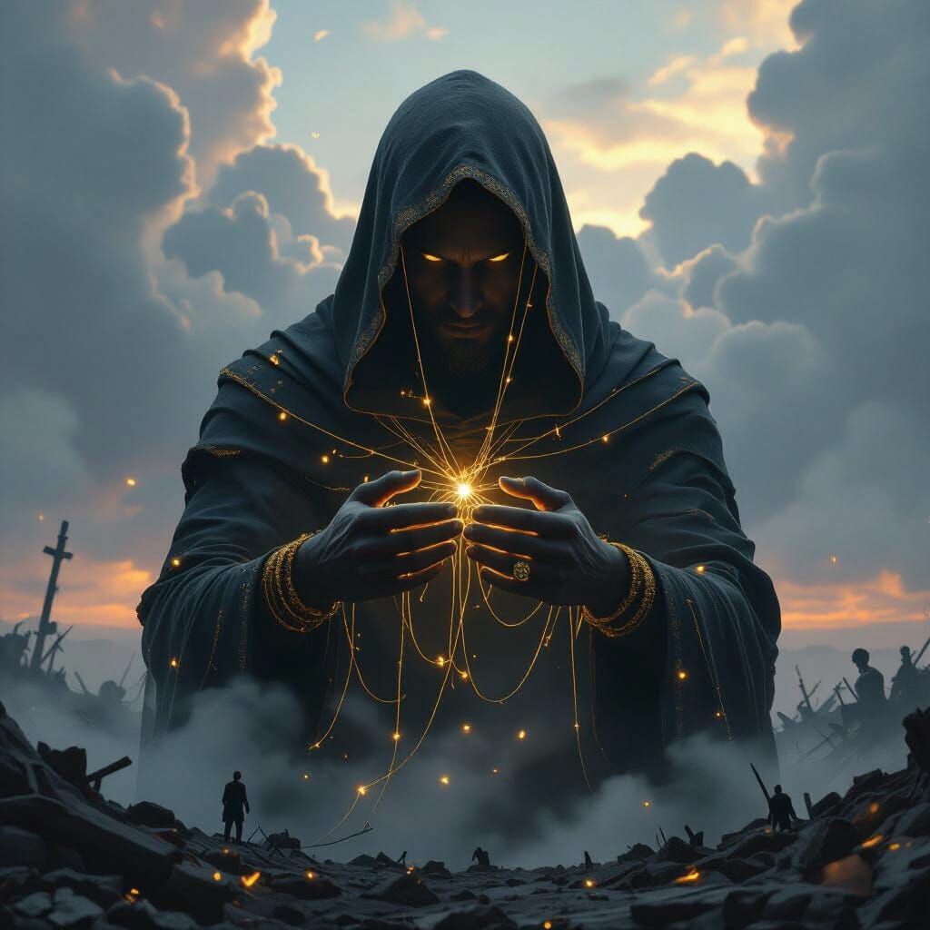 Figure with Golden Strings Overlooking Battlefield