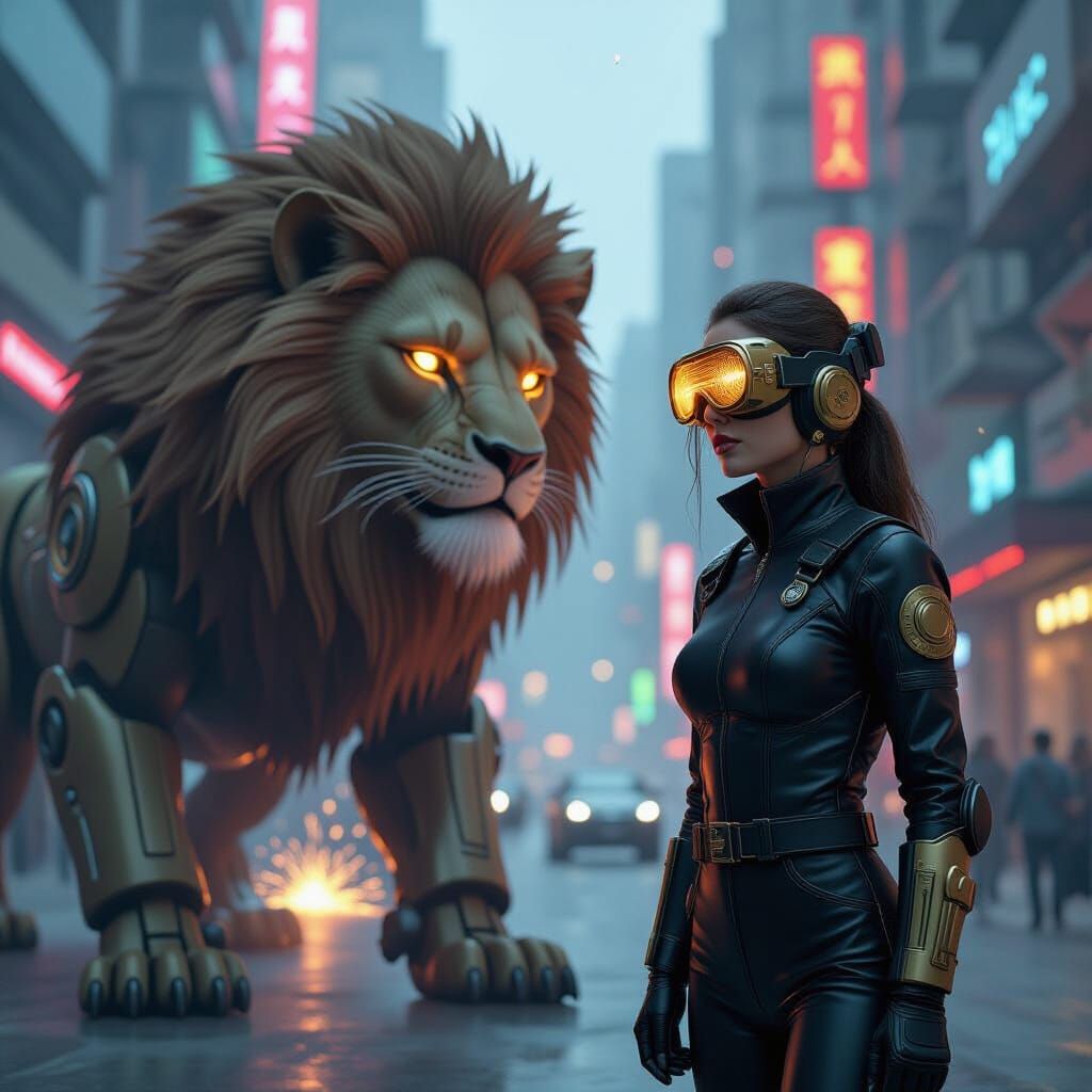 Cyberpunk Time Traveler and Mega Robo Lion in Electric City