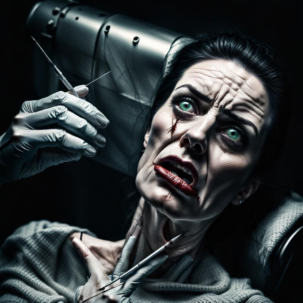 Terrified Woman Sewing: A Hyperrealistic Nightmare