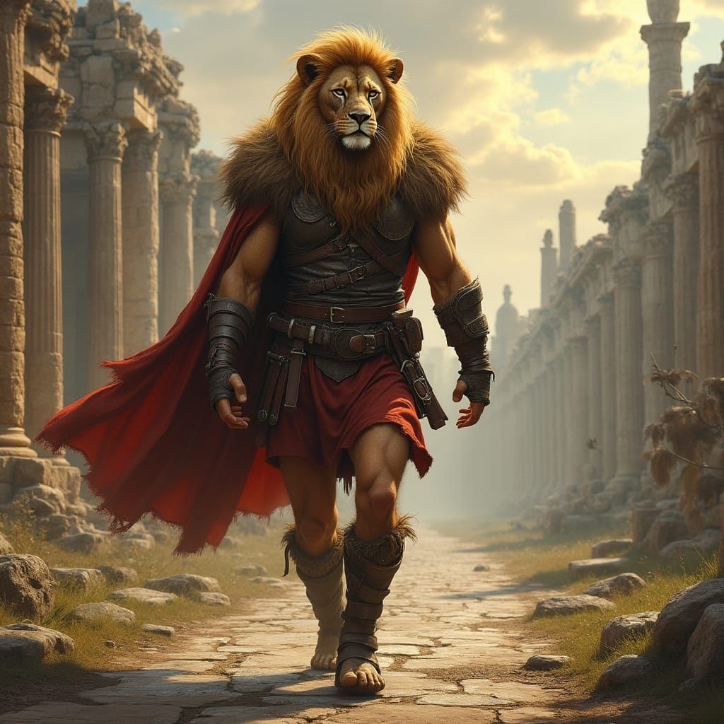 Lion Barbarian Warrior on Roman Road, Digital Art
