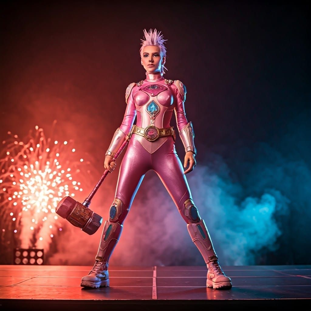 Epic Vigilante Heroine in Pastel Pink and Gold Superhero Out...