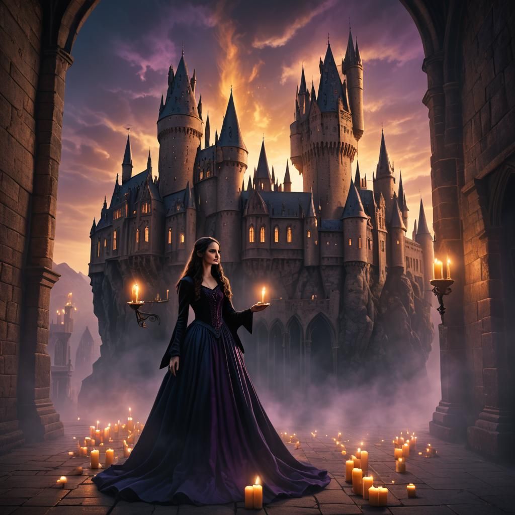 Vampire Lady in Gothic Castle with Floating Candles