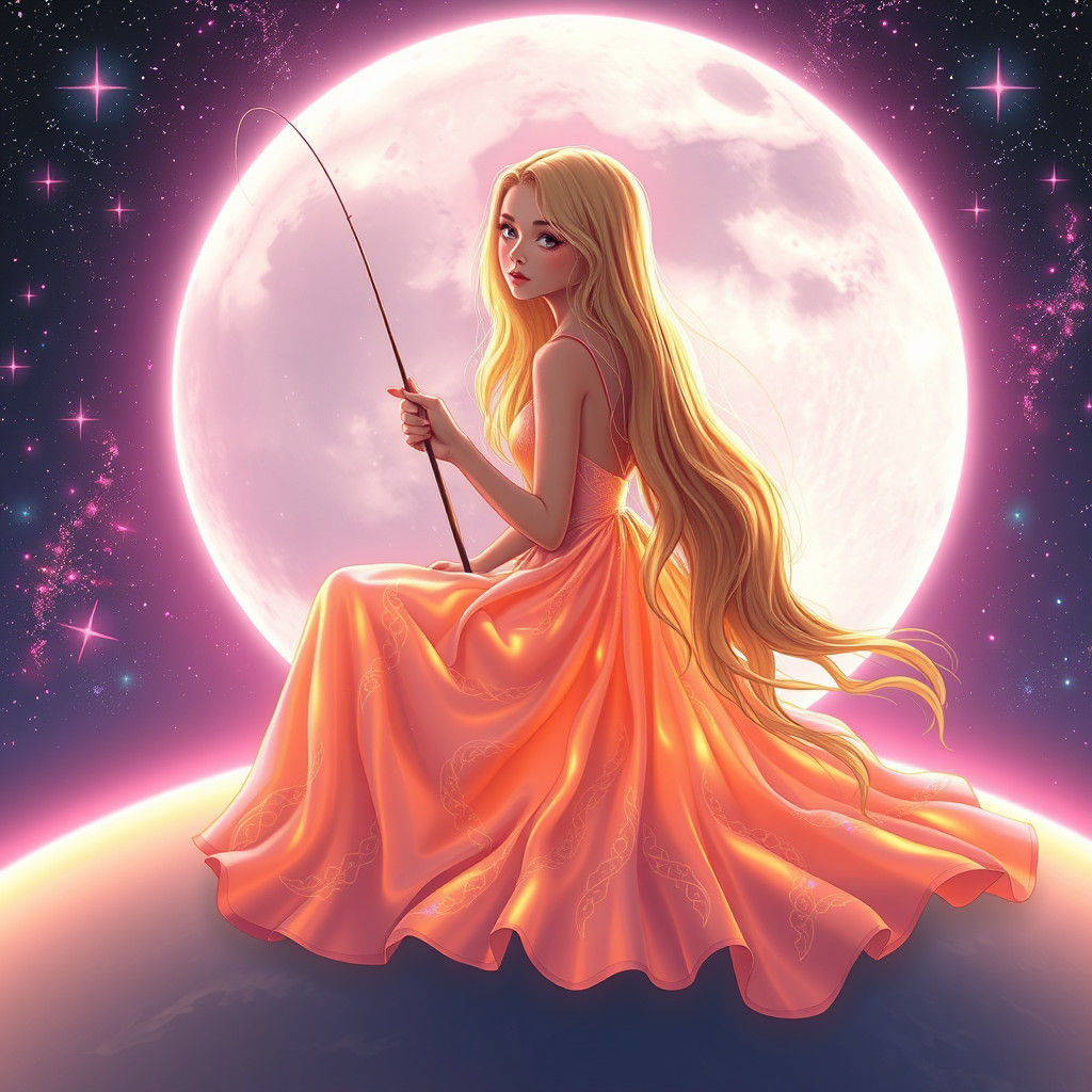 Girl on Moon Fishing Stars in Synthwave Style