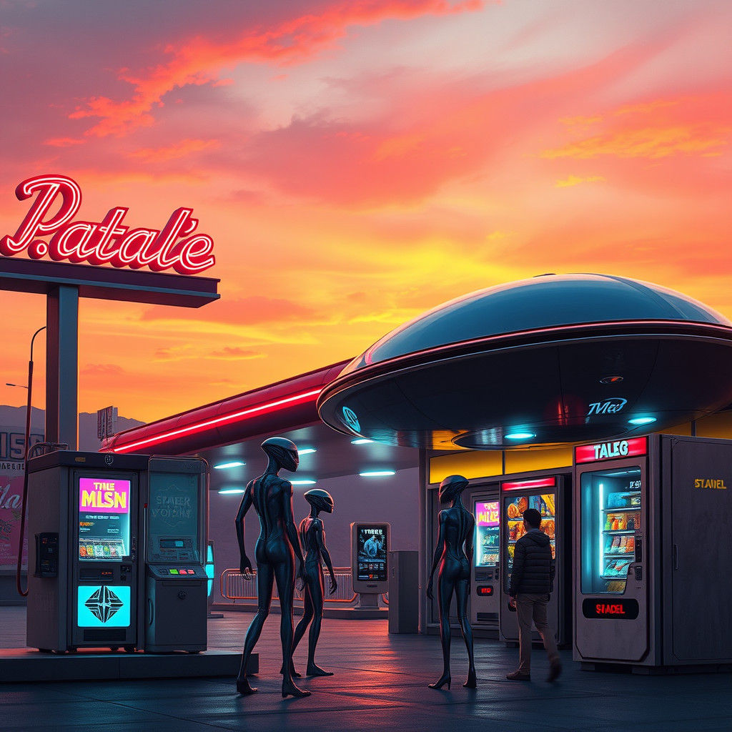 Retro-Futuristic Gas Station Sunset with Aliens