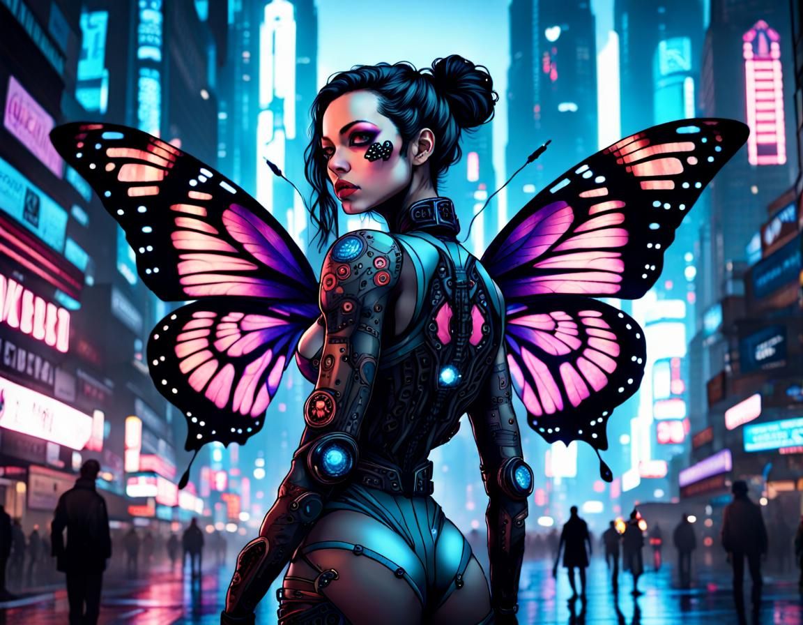 Acherontia Butterfly Human in Cyberpunk City