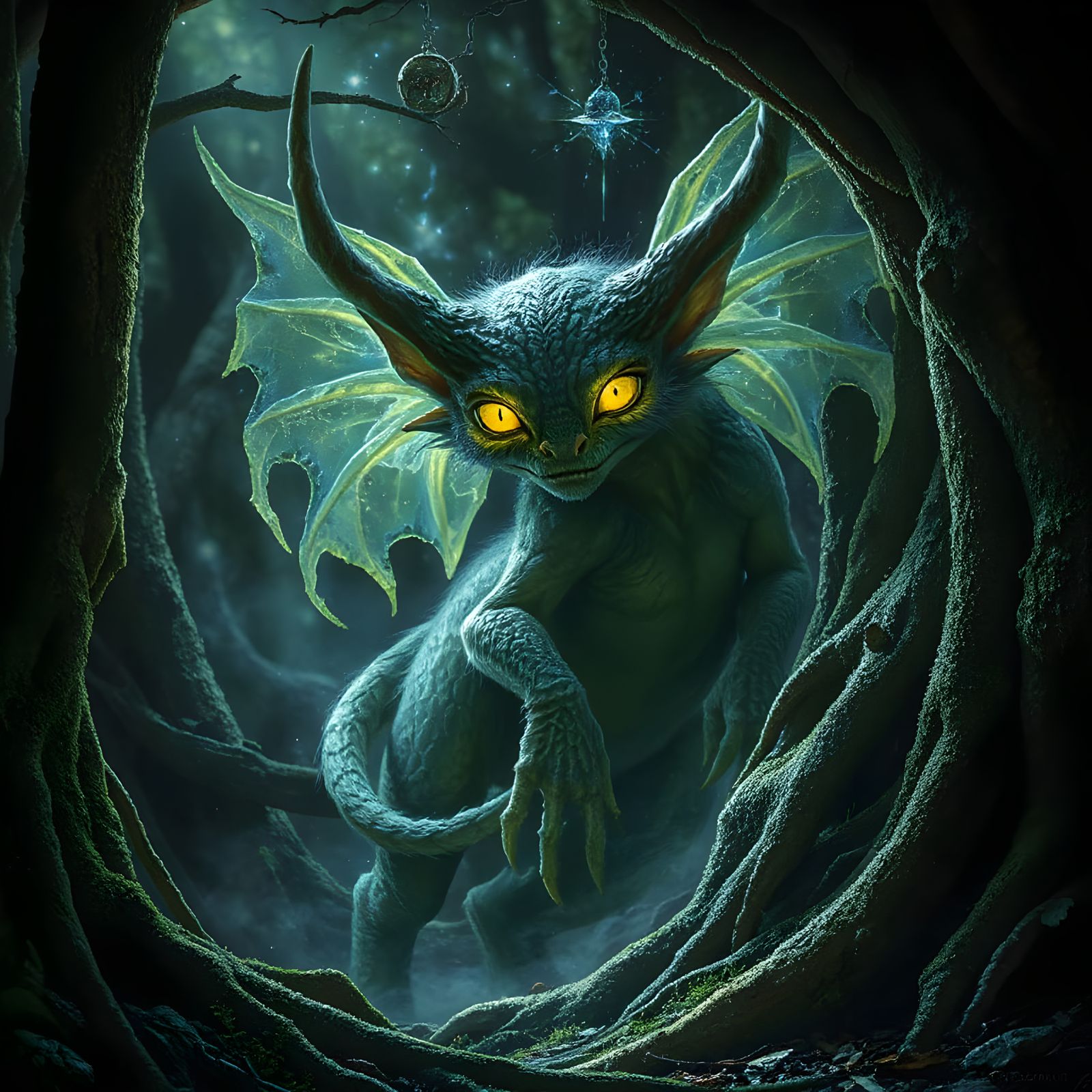 Magical Fae Creature Emerges from Forest Portal