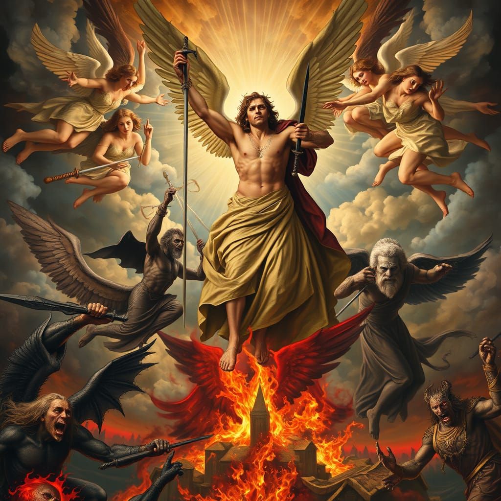 Epic Renaissance-Style Battle Scene with Angels and Demons
