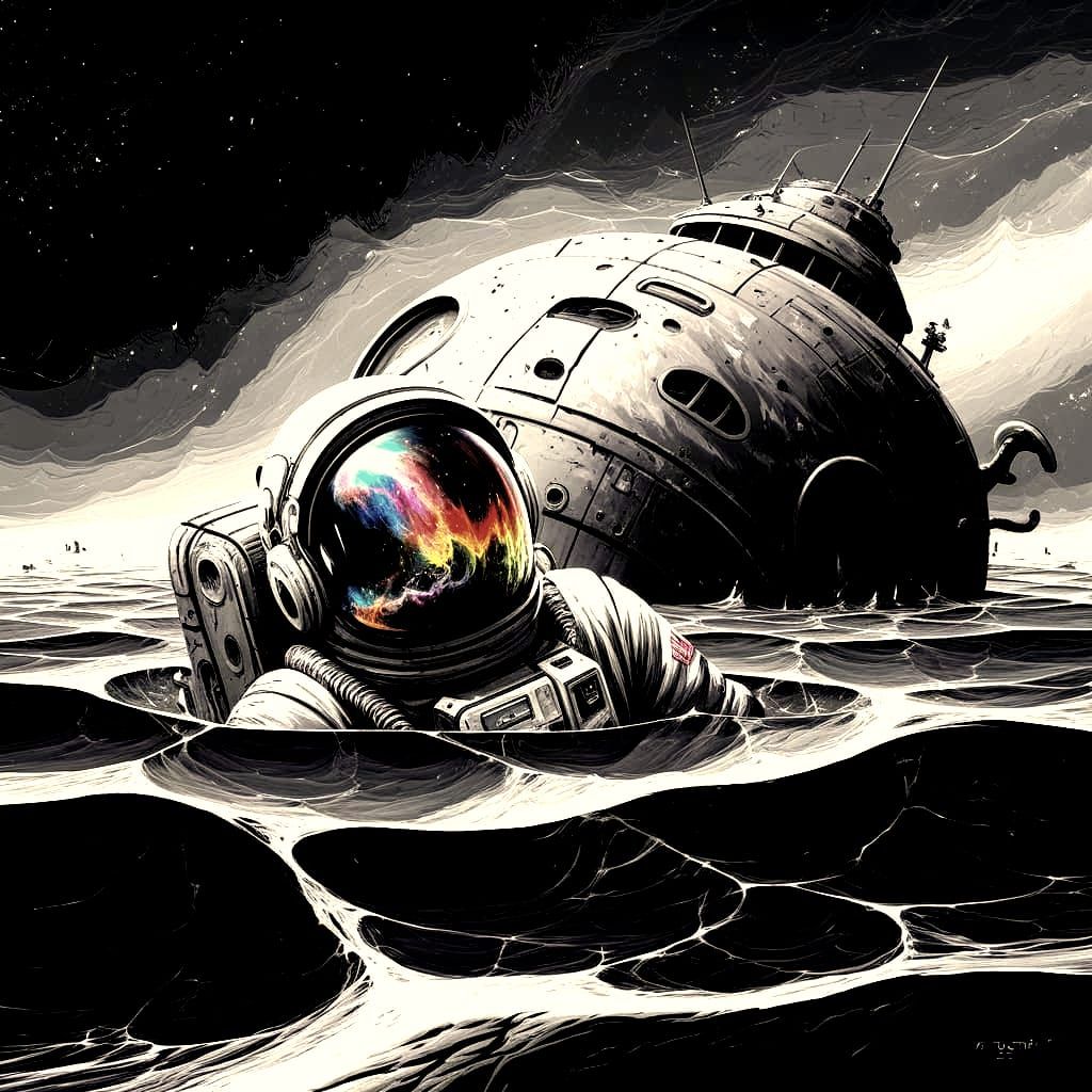 Astronaut Adrift in Cosmic Ocean Reflecting Nebula