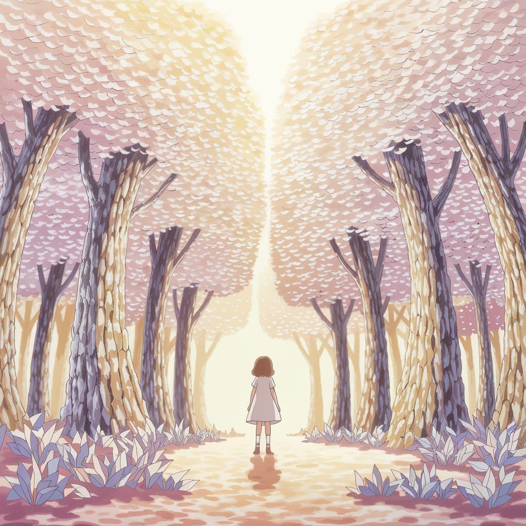 Girl Standing in a Paper Forest, Anime-Style Illustration