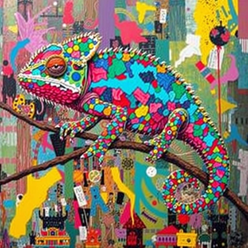 Vibrant Chameleon Disappears into Colorful Abstract Landscap...