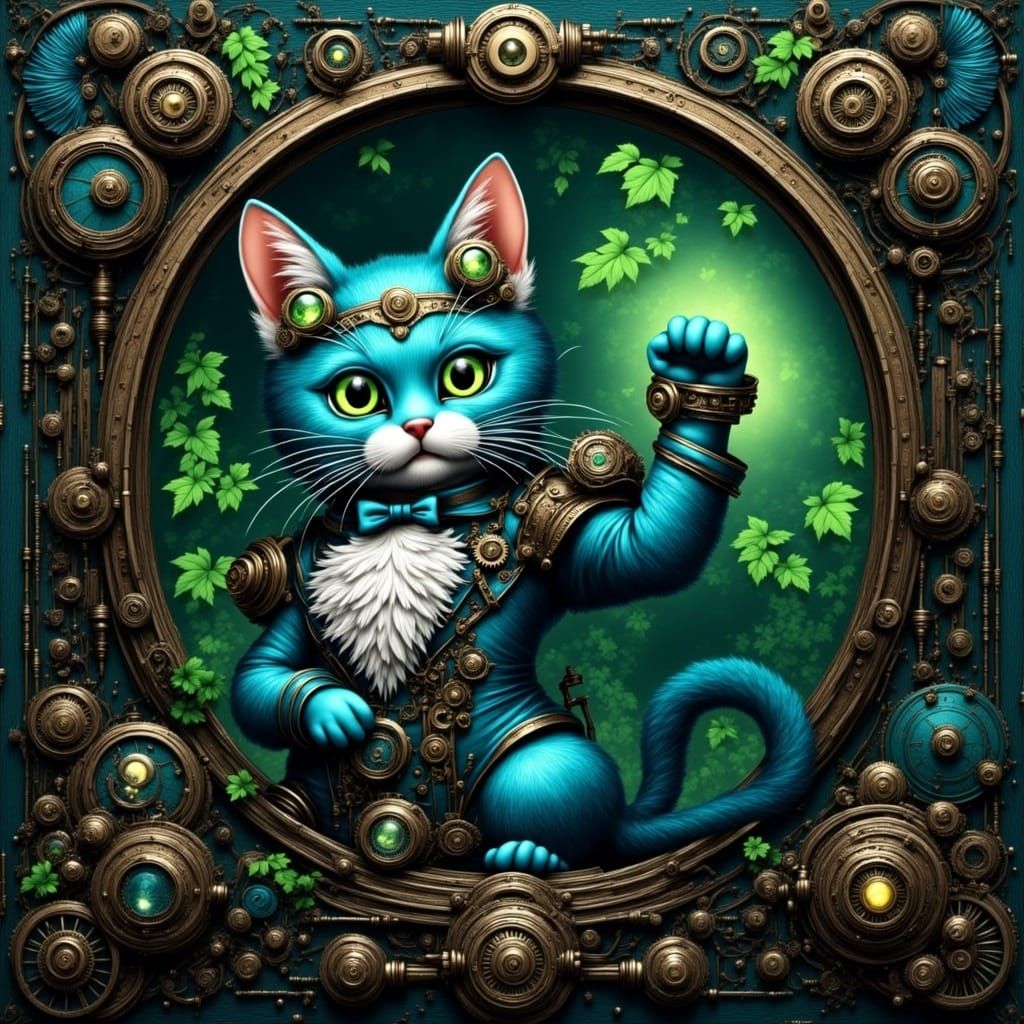 Steampunk Cat in Window with Blue and Green