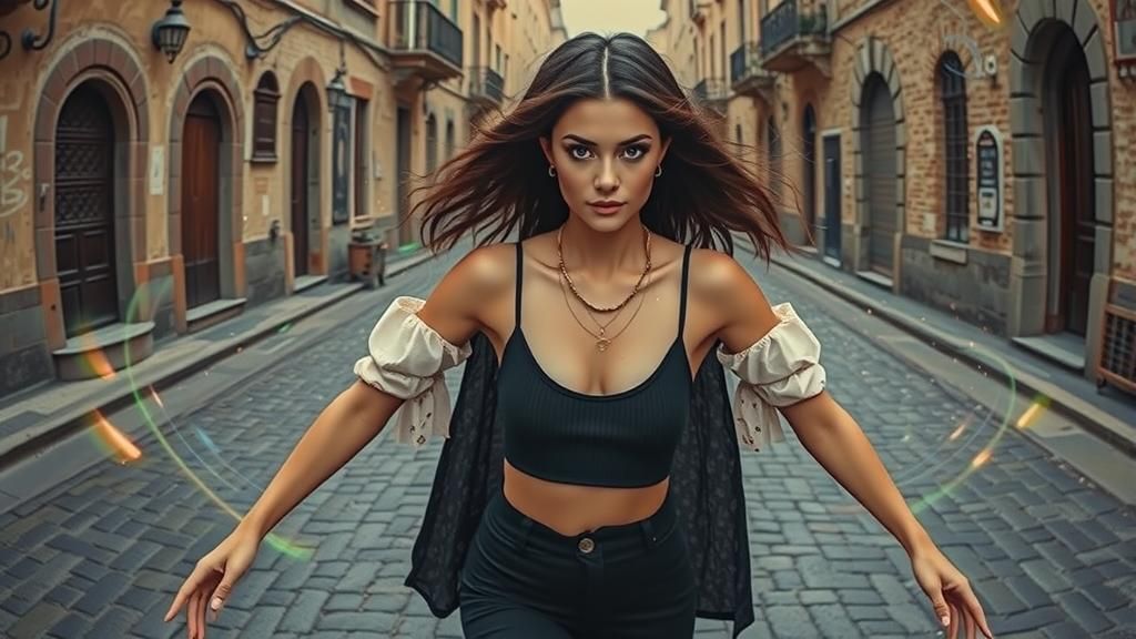 Beautiful Woman Hovers with Magic on Cobbled Street