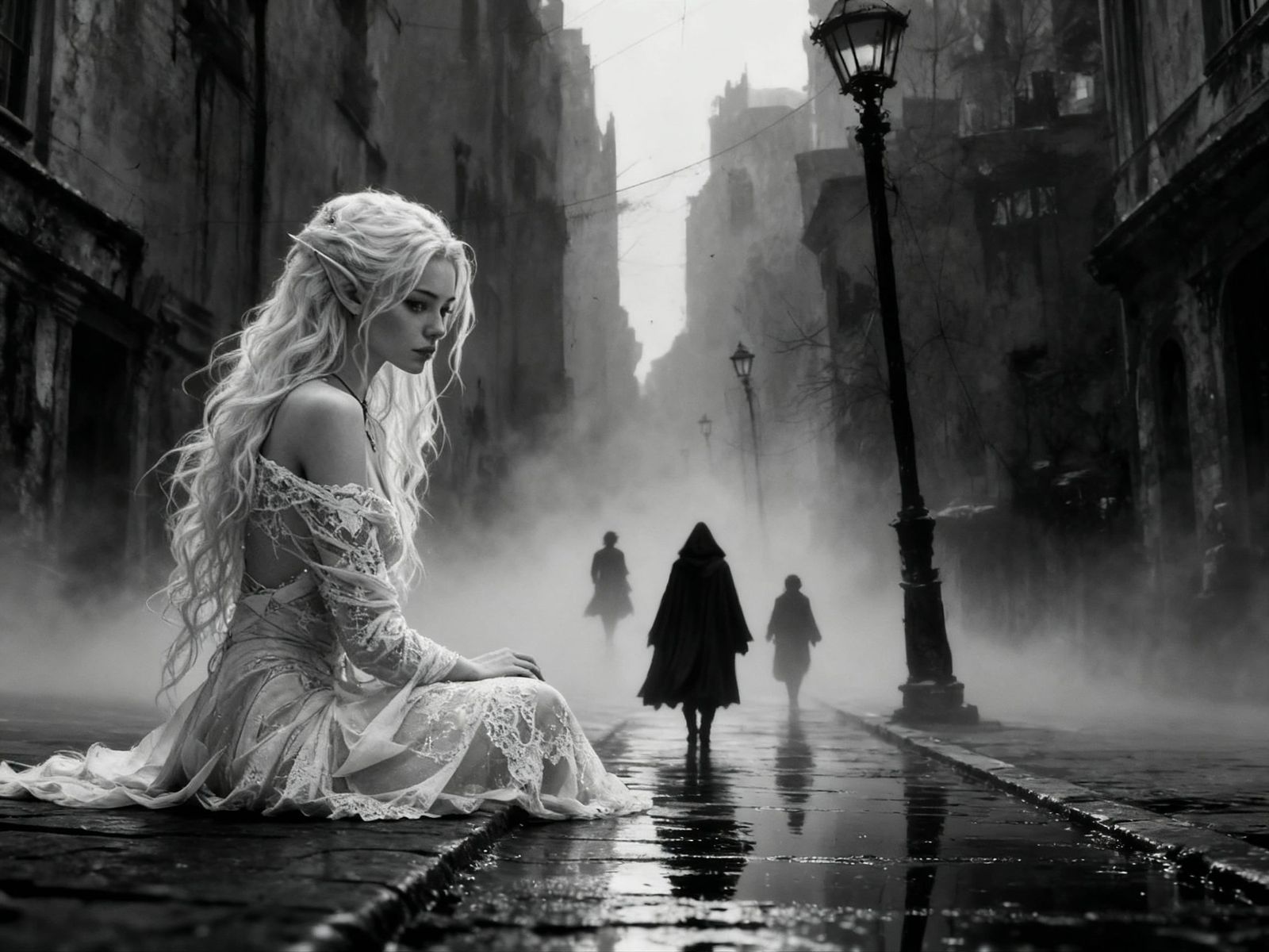 Mysterious Fae Figure in Misty Rain