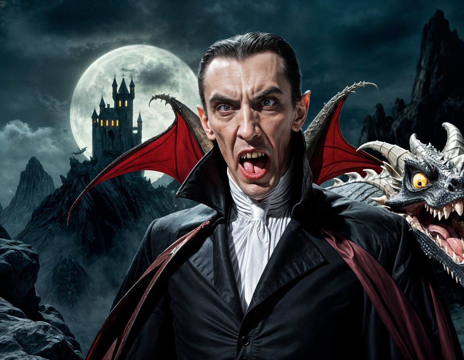 Dracula Posing with Dragon in Fantasy Landscape