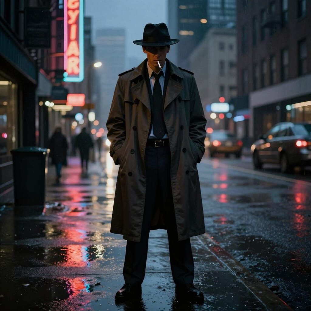 Detective in Neon City: Cinematic Mystery in Rain