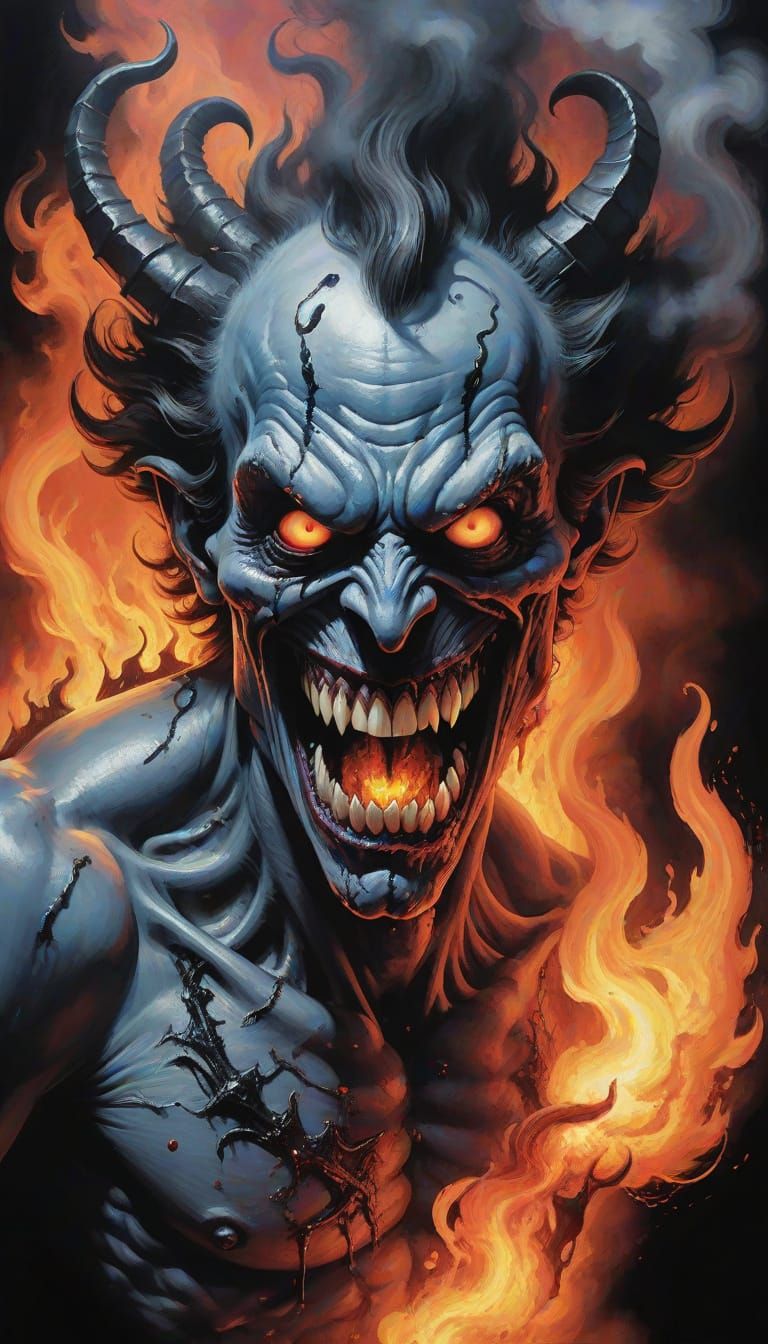 Contorted Demon with Fire Eyes in Acrylic-Ink Style