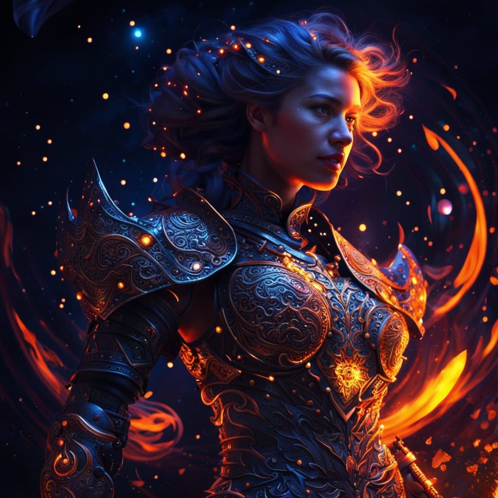 Armored Girl Amidst Fiery Fractals and Starlight