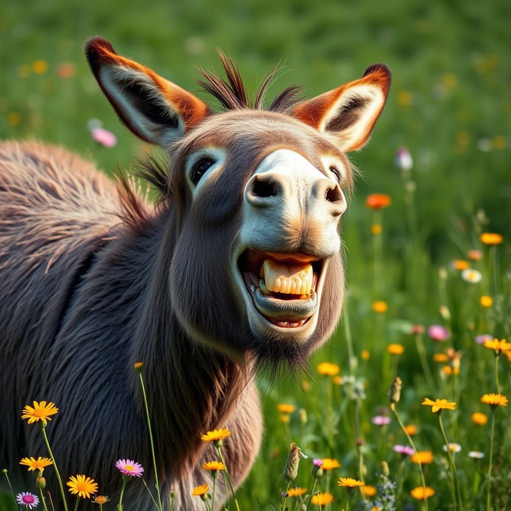 Majestic Poitou Donkey Laughs in Lush Meadow
