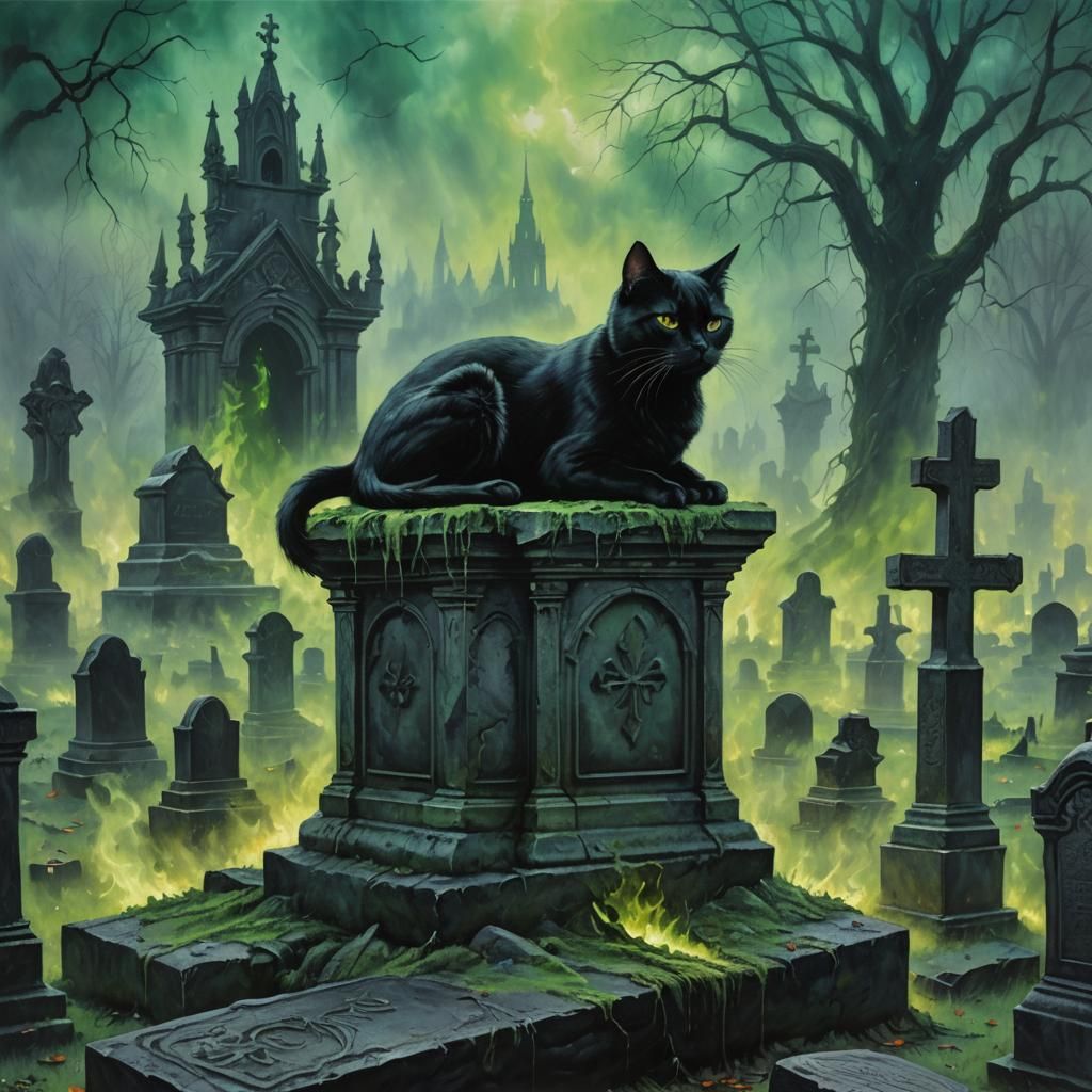 Gothic Cemetery with Green Fire and Black Cat