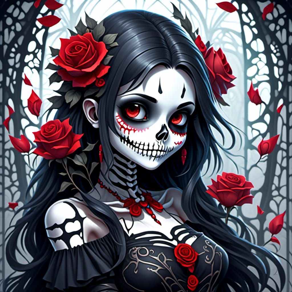 Skeleton Girl with Roses in a Scary Cave