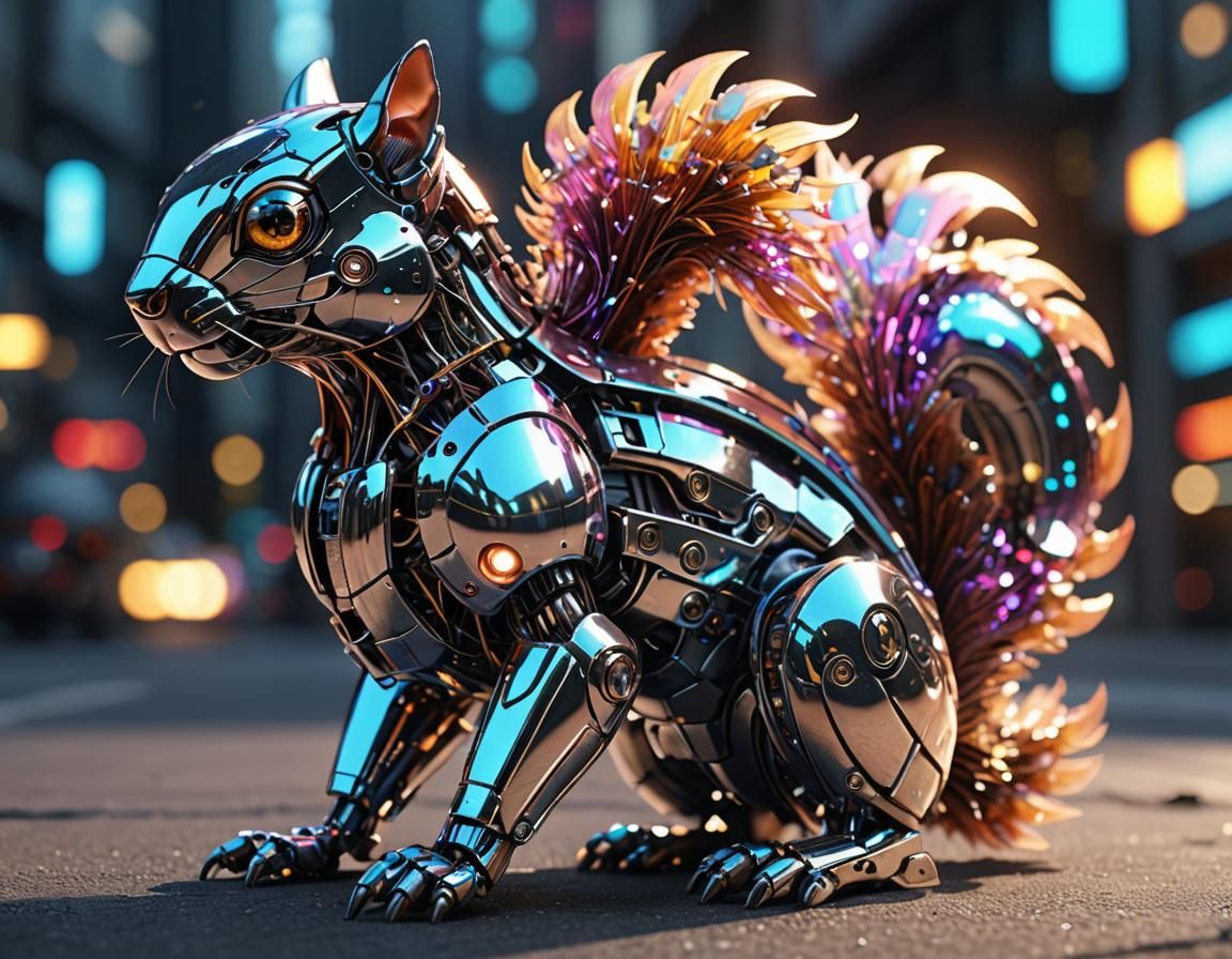 Futuristic Robot Squirrel with Reflective Exoskeleton