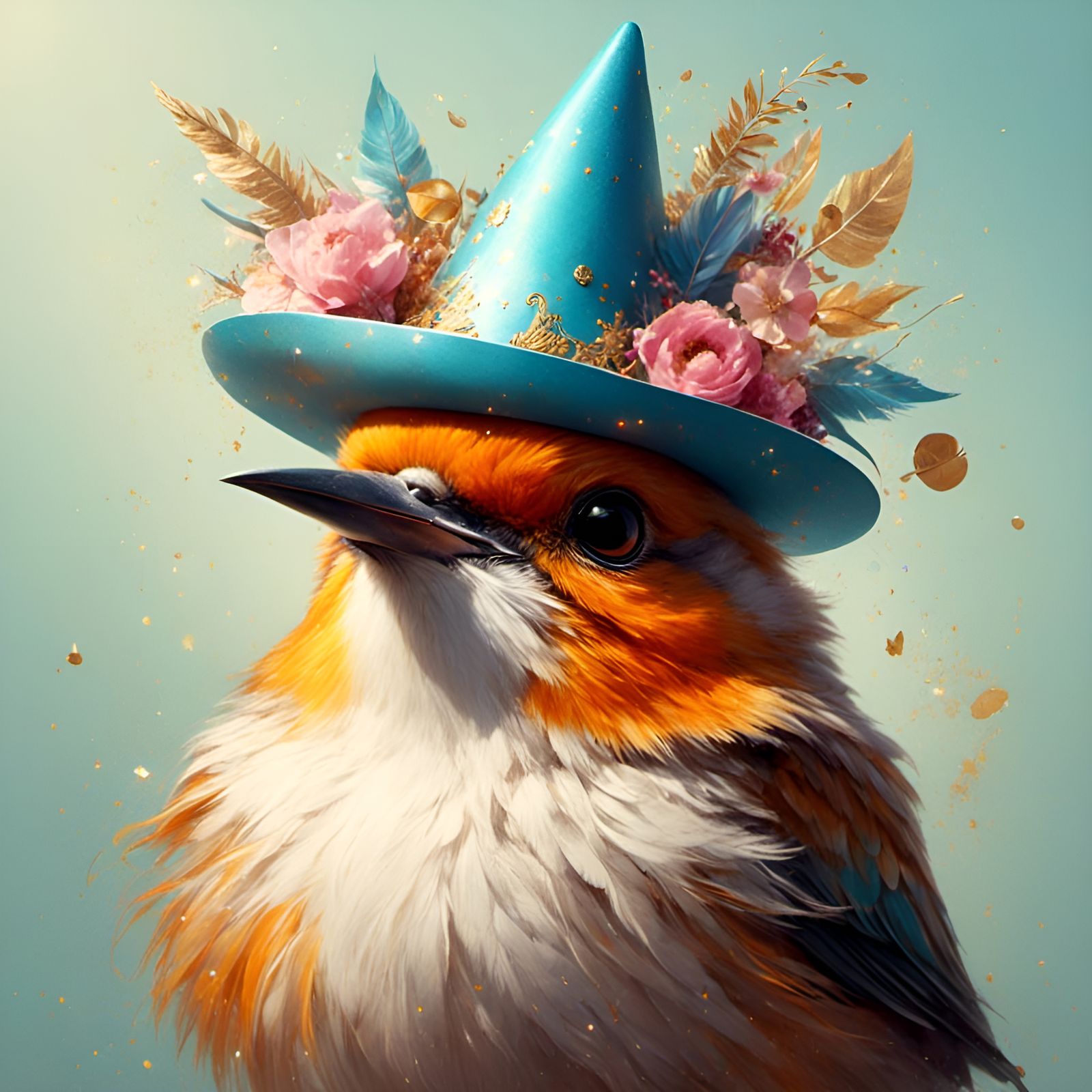 Cute Bird in Party Hat, Whimsical Portrait