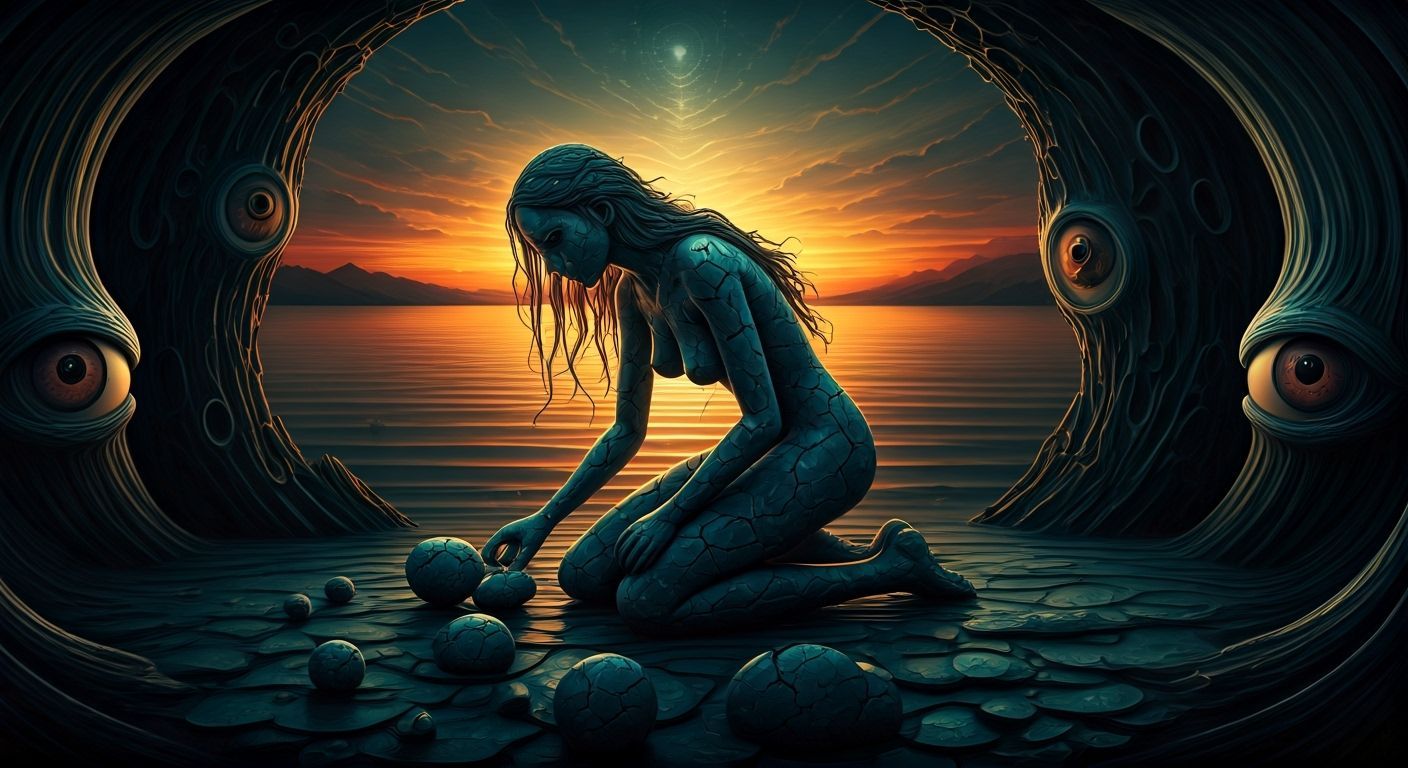 Surreal Fragmented Sculpture of Woman at Sunset