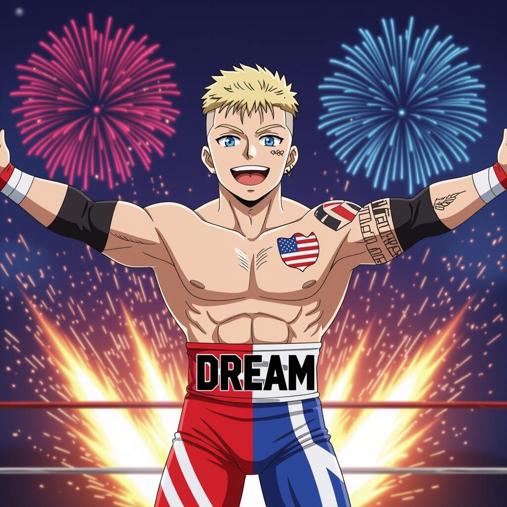 Anime Wrestler Poses with Fireworks