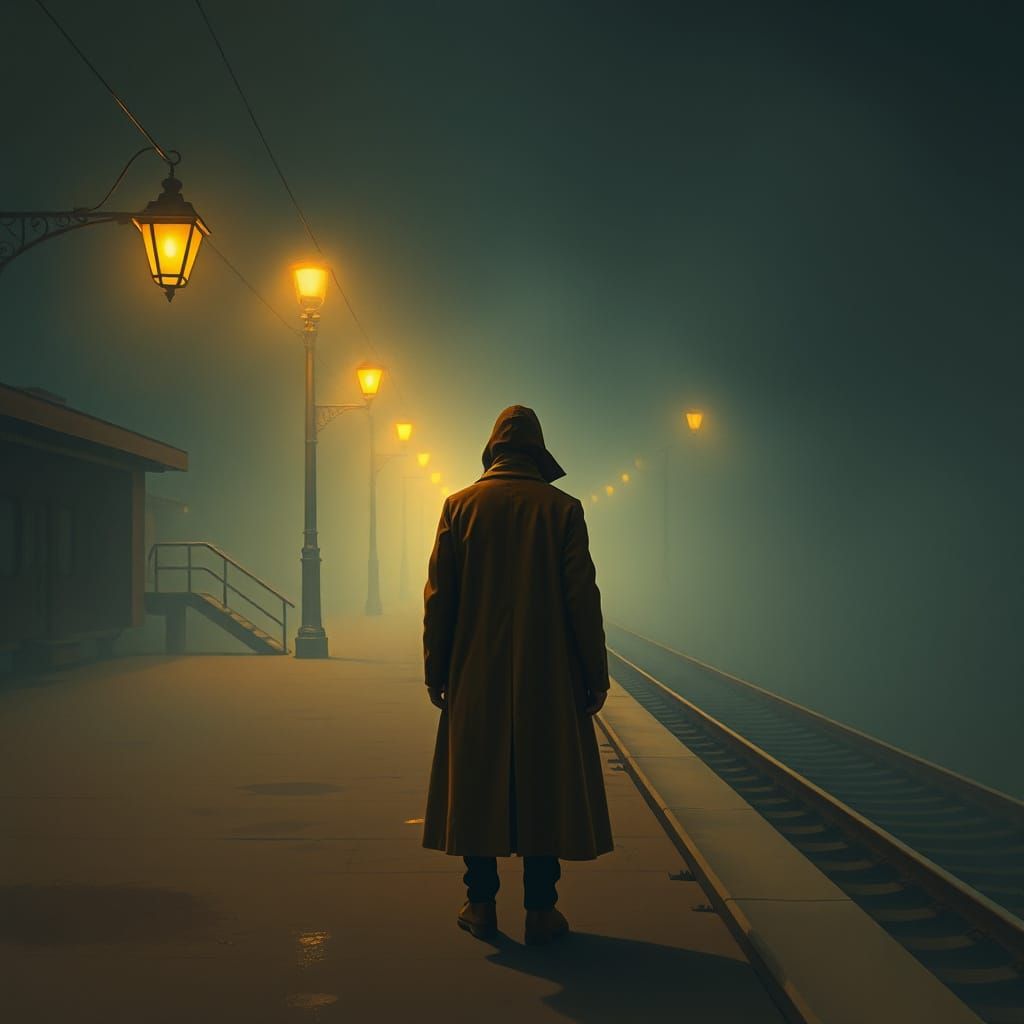 Misty Platform: Dystopian Noir in Watercolor Style
