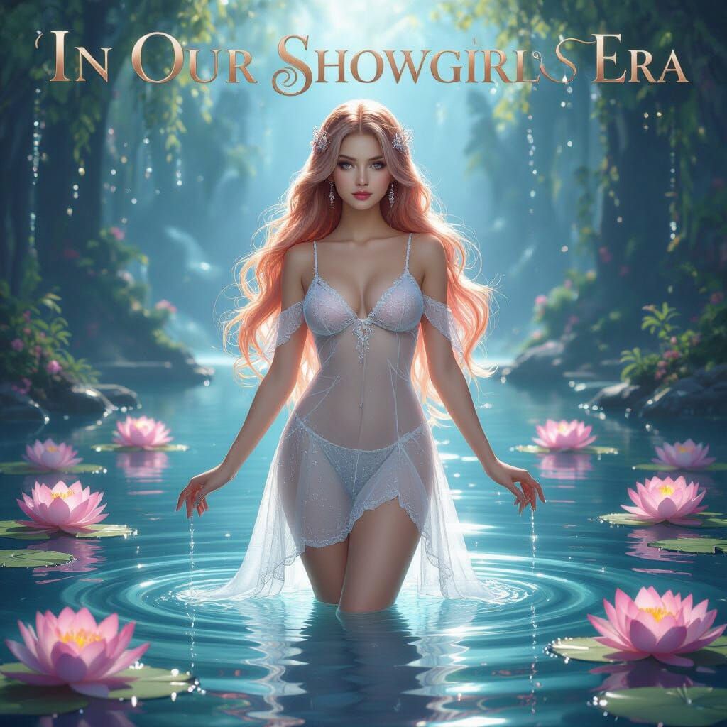 Rose Gold Showgirl in Fantasy Lake, Detailed Matte Painting