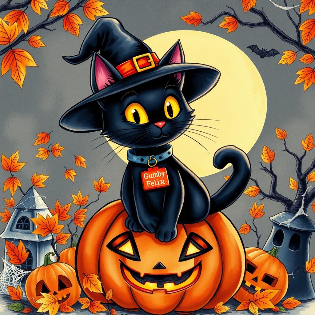 Whimsical Black Cat Halloween, Watercolor Style