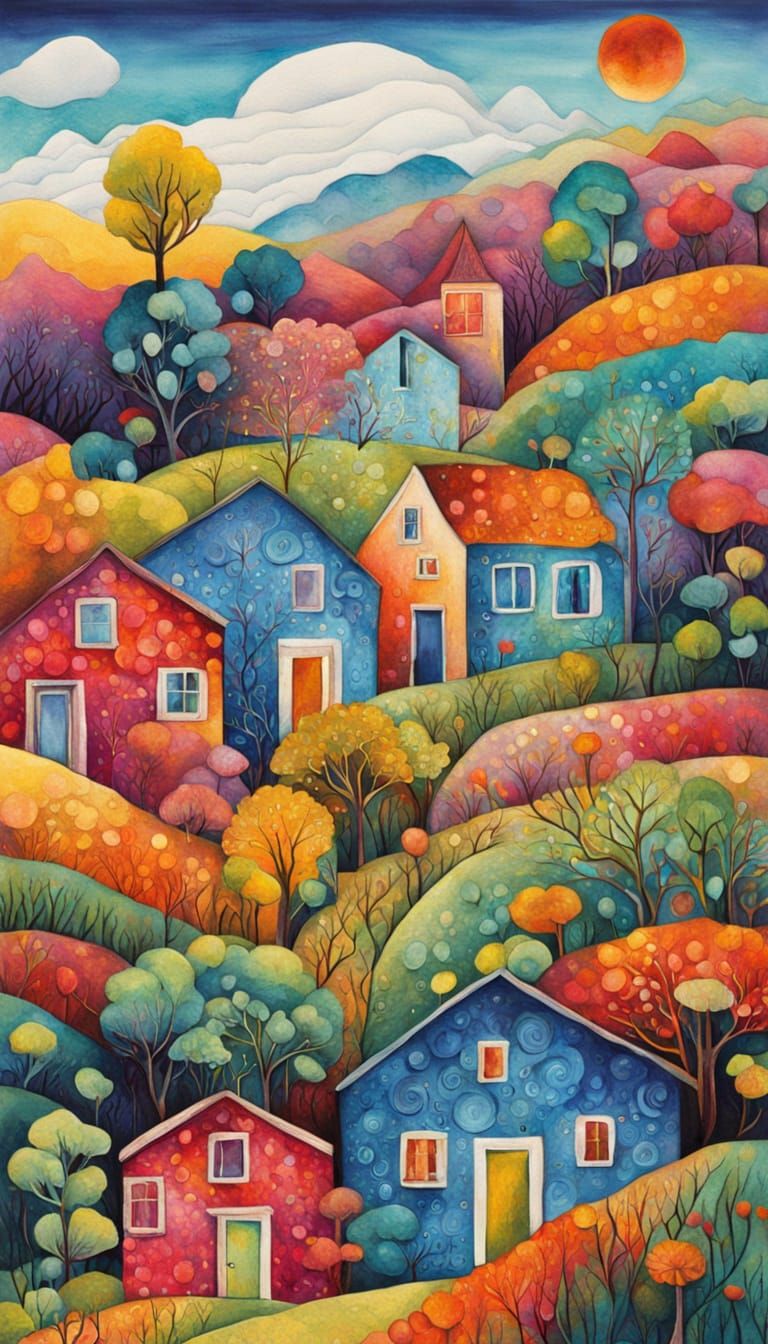 Vibrant Folk Art Houses in Expressive Brushstrokes