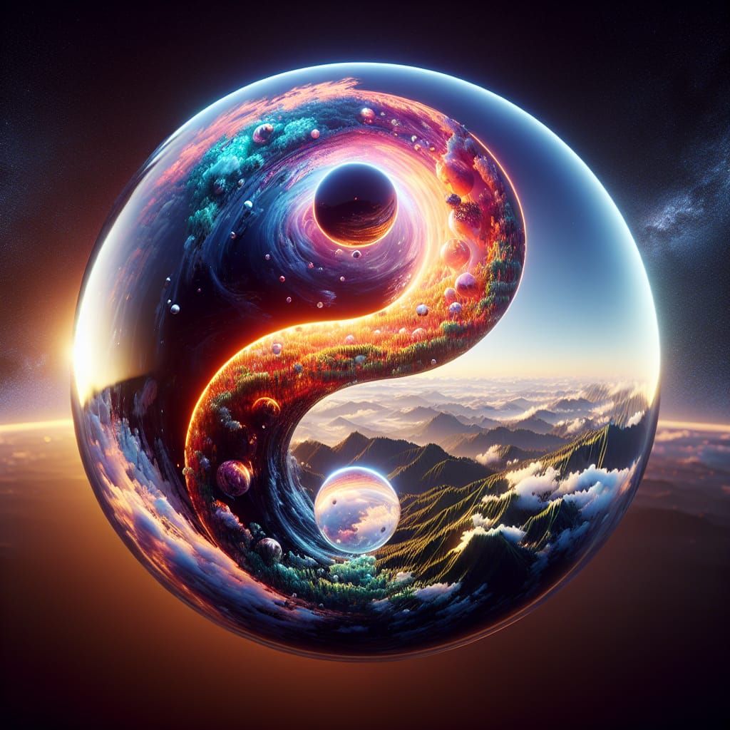 Yin Yang World in Glass Sphere: 3D Rendered Art