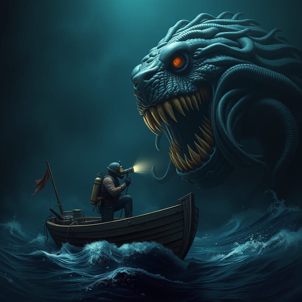 Scuba Diver Confronts Eldritch Horror in the Dark Depths