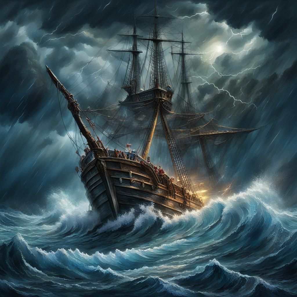 Pirate Ship in Stormy Seas: Dramatic Oil Painting