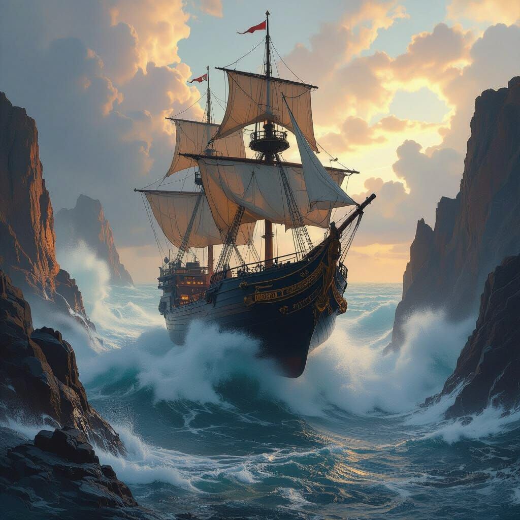 Albator's Ship Soaring Over a Turbulent Ocean