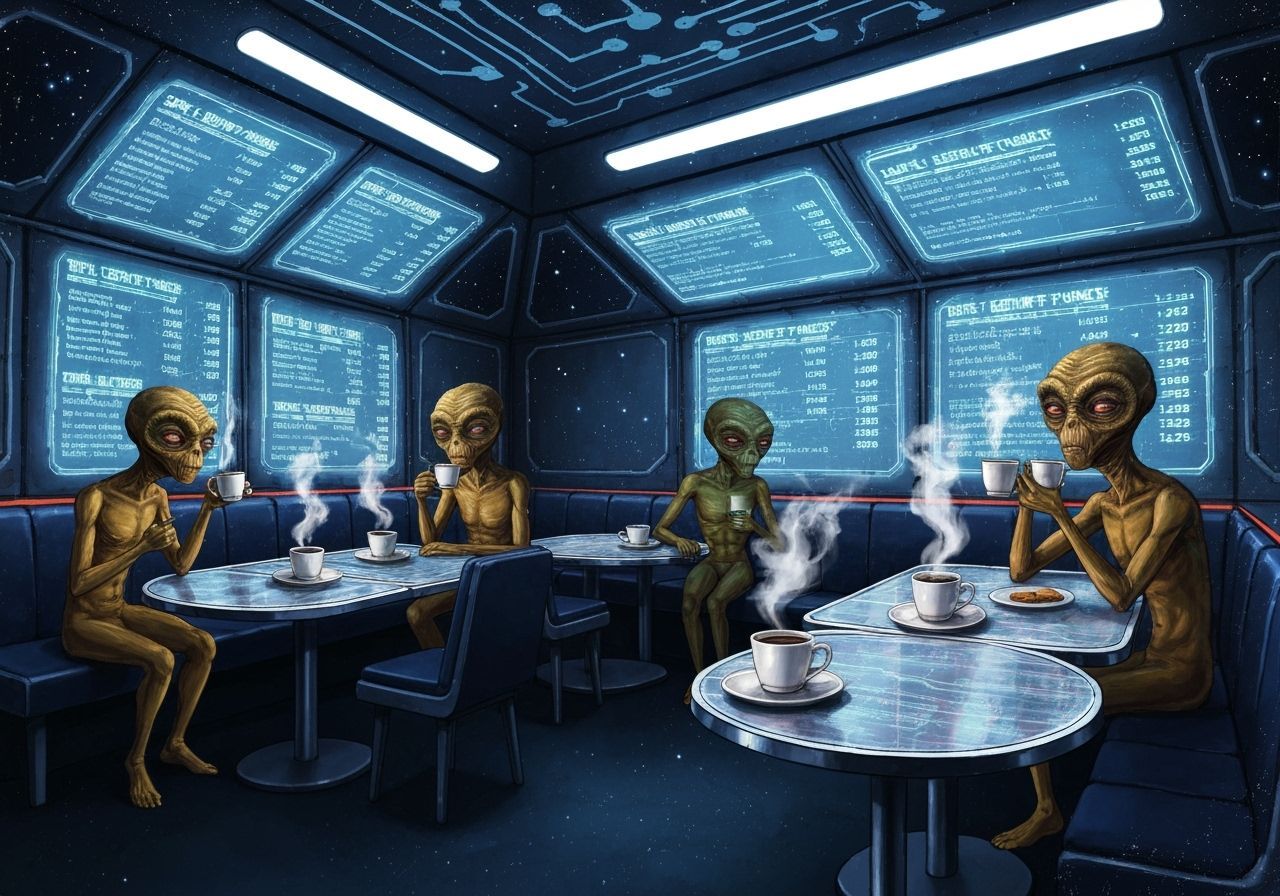 Futuristic Spaceship Mess With ETs Sipping Coffee, Glitchcor...